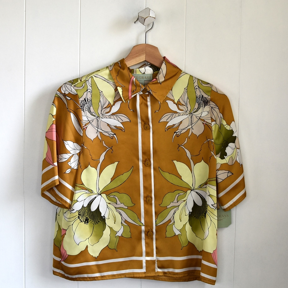 ☆ RYEGRASS Gold Floral Satin Shirt